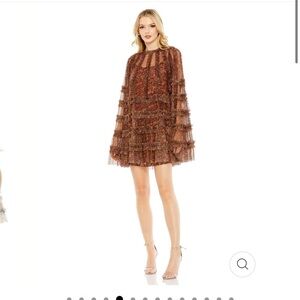 Mac Duggal 8007 Floral Print Long Flair Sleeve Mesh Aline Dress